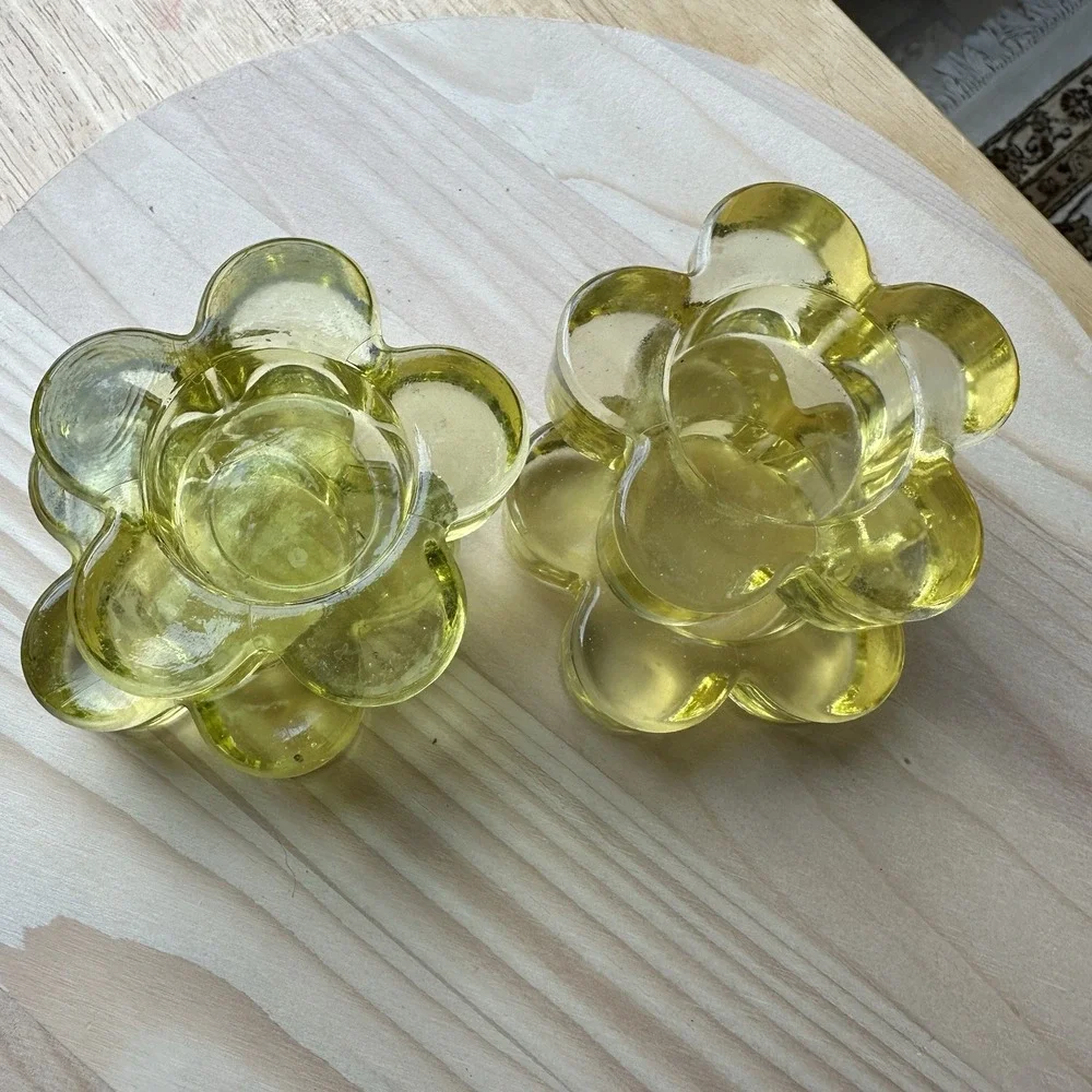 VTG 4 Item Lot Candle Holders 3‎ Inch Style Yellow Art Glass MCM Flower